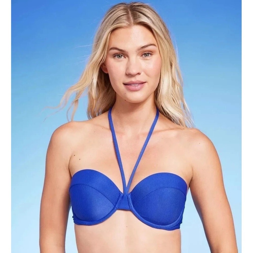 Shade & Shore Medium 36B Cobalt Blue Ribbed Lightly Lined Halter Bikini Swim Top
